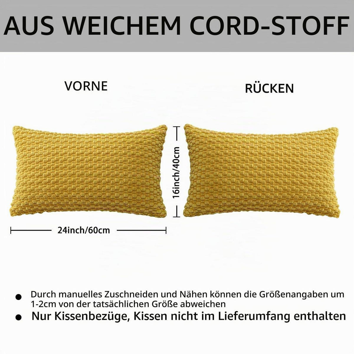 Cord Kissenbezug 40x60cm Senfgelb - Boho Deko Kissenhülle