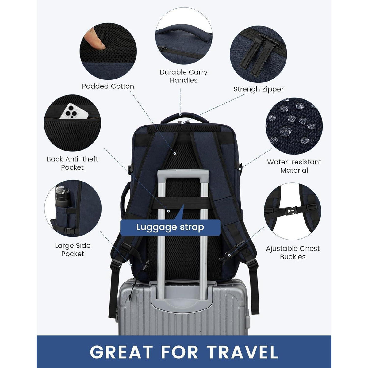 45L Handgepäck Rucksack für Flugreisen, 18 Zoll Laptop, Dunkelblau