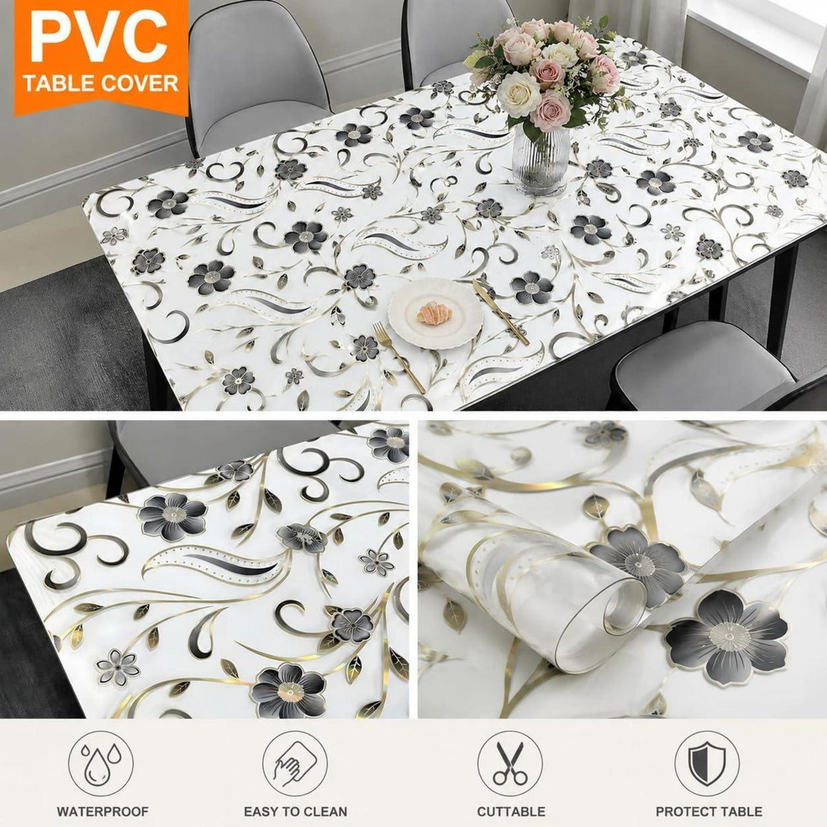 Tischfolie Transparent Blumenmuster 90x180 cm – Rutschfest & Kratzfest