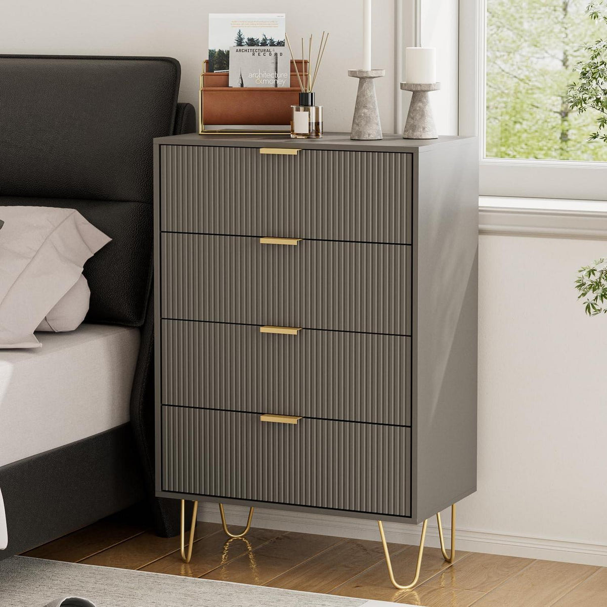 Moderne Kommode mit 4 Schubladen & Goldbeinen – Grau