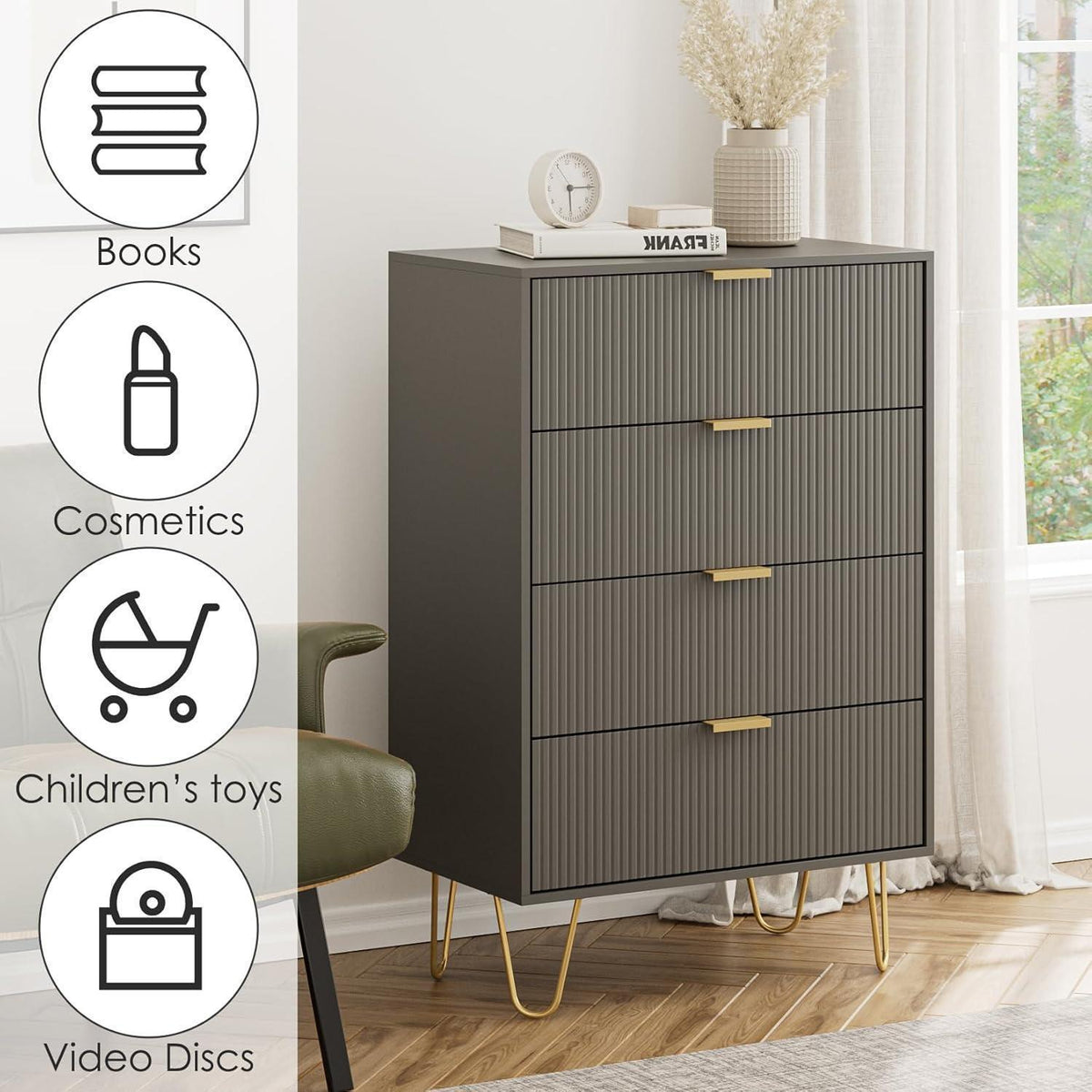 Moderne Kommode mit 4 Schubladen & Goldbeinen – Grau