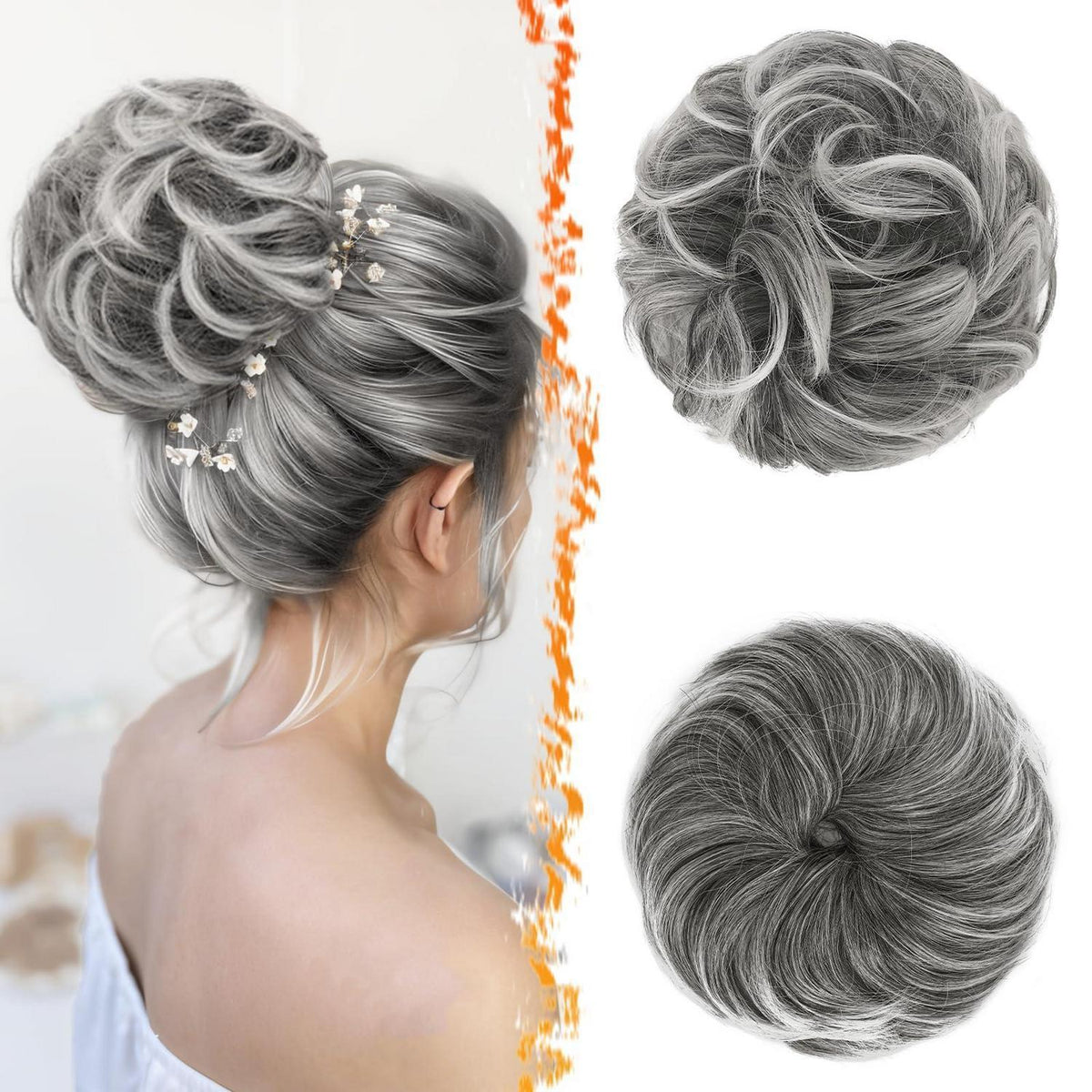 2x Messy Bun Haarteil – Dunkel Grau & Weiße Tipps