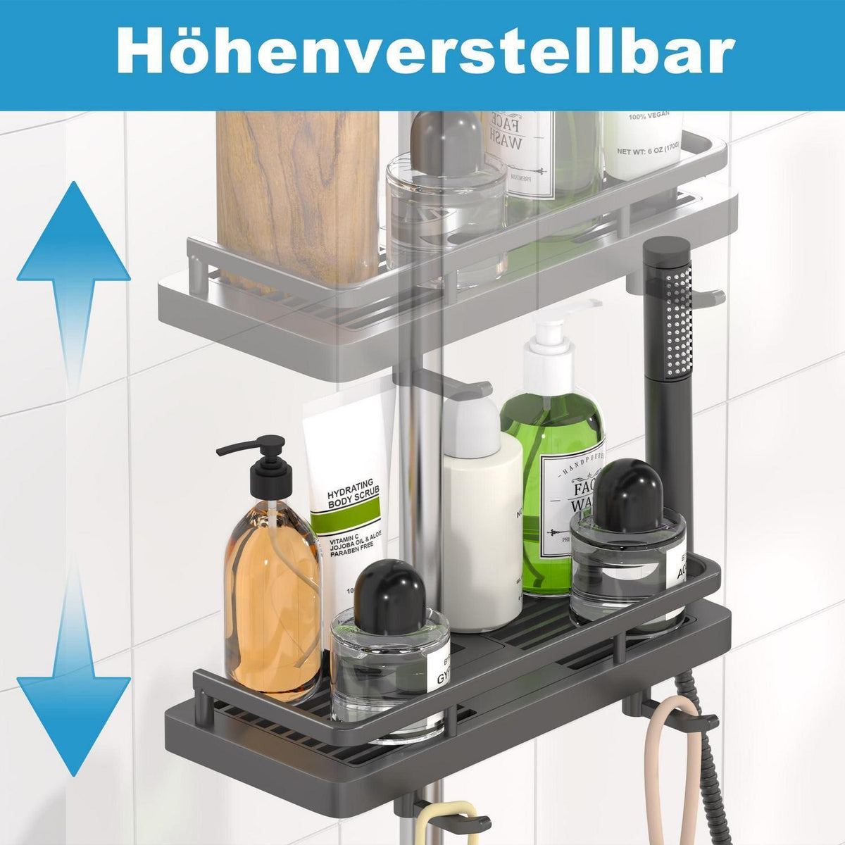 Duschablage ohne Bohren für Duschstange – Grau (18-25mm)