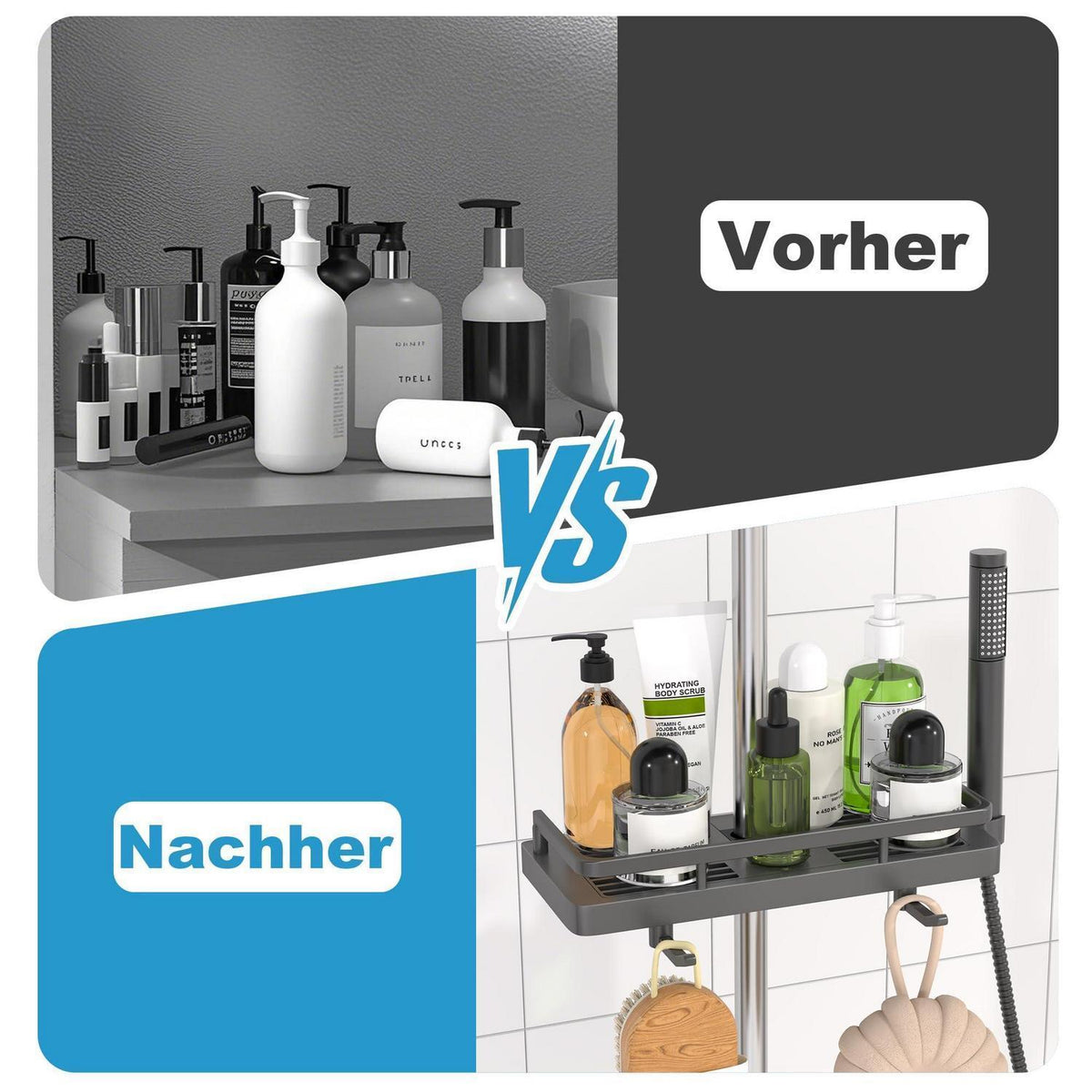 Duschablage ohne Bohren für Duschstange – Grau (18-25mm)