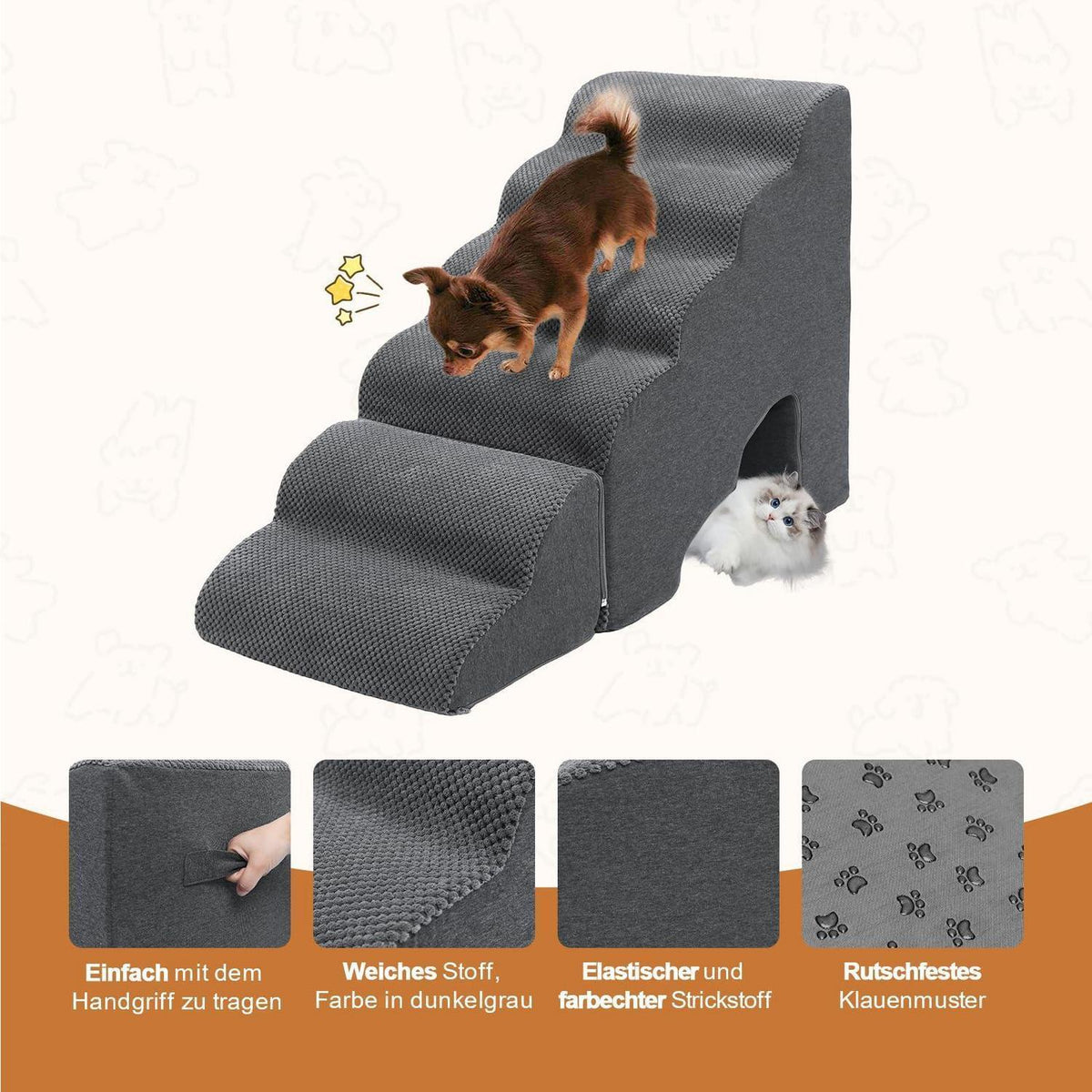 Hundetreppe 60cm – 6 Stufen für Bett & Sofa, Grau