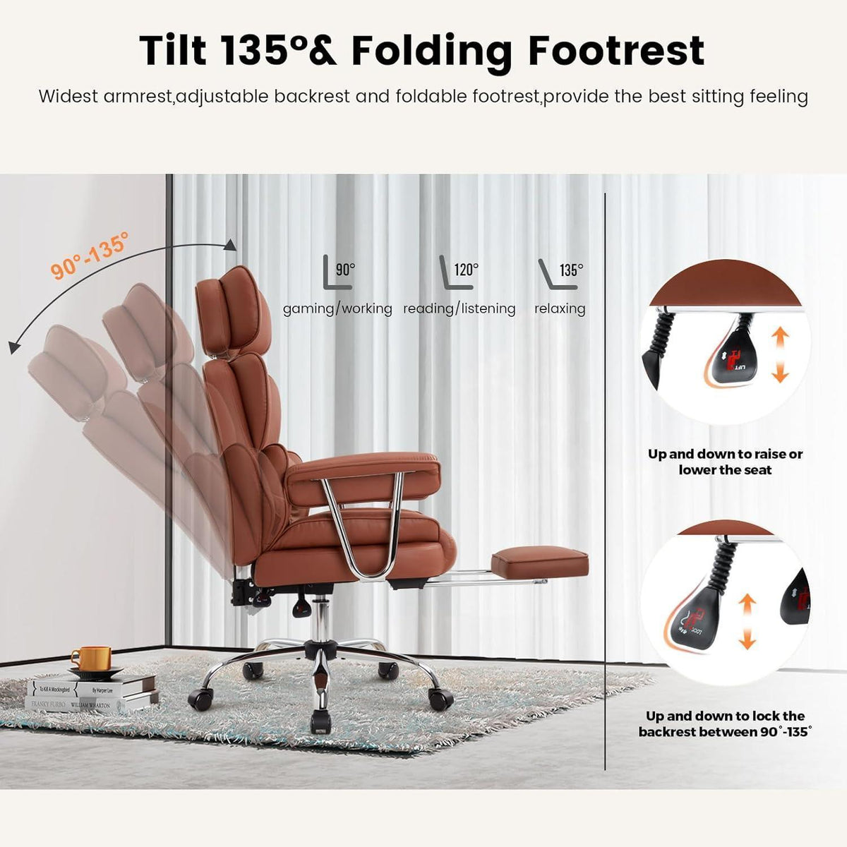 Ergonomischer Bürostuhl mit Fußstütze & Lendenwirbelstütze (Braun)