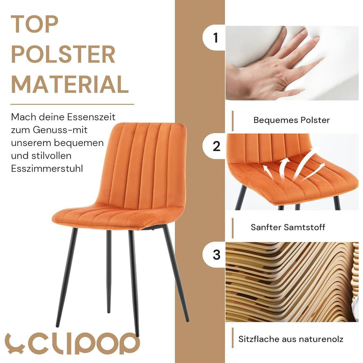 Samt Esszimmerstühle 4er Set – Orange, Gepolstert & Stabil