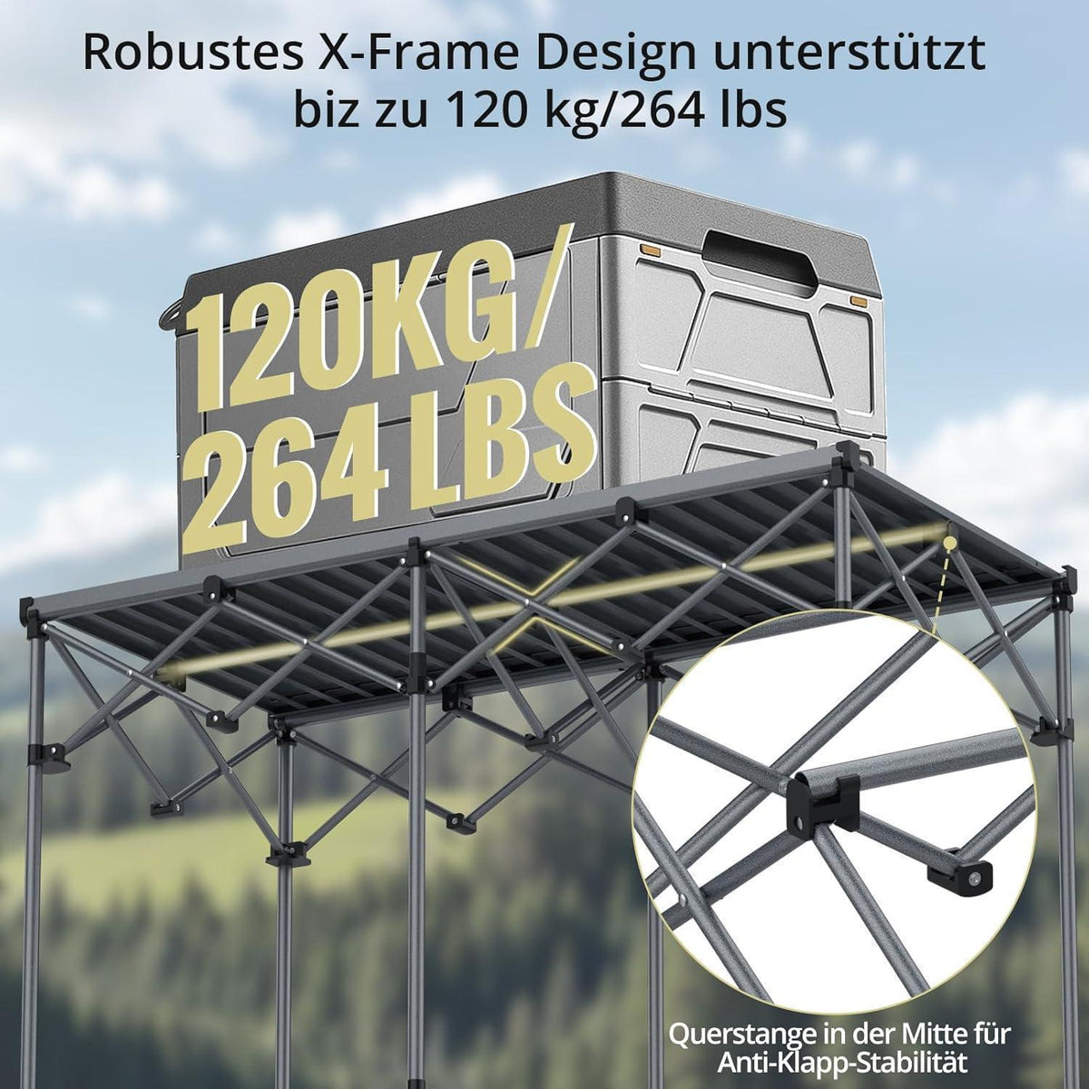 Rolltisch Campingtisch 122x60cm X-Frame 120kg Tragkraft mit Netzkorb