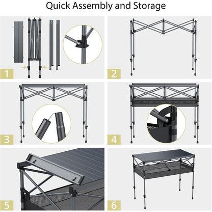 Aluminium Campingtisch aufrollbar, 2 Höhen, 120kg belastbar, mit Netzkorb