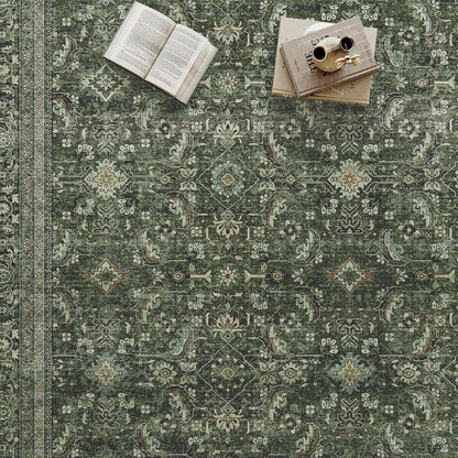 Vintage Teppich Grün 300x400cm – Waschbarer Retro Wohnteppich
