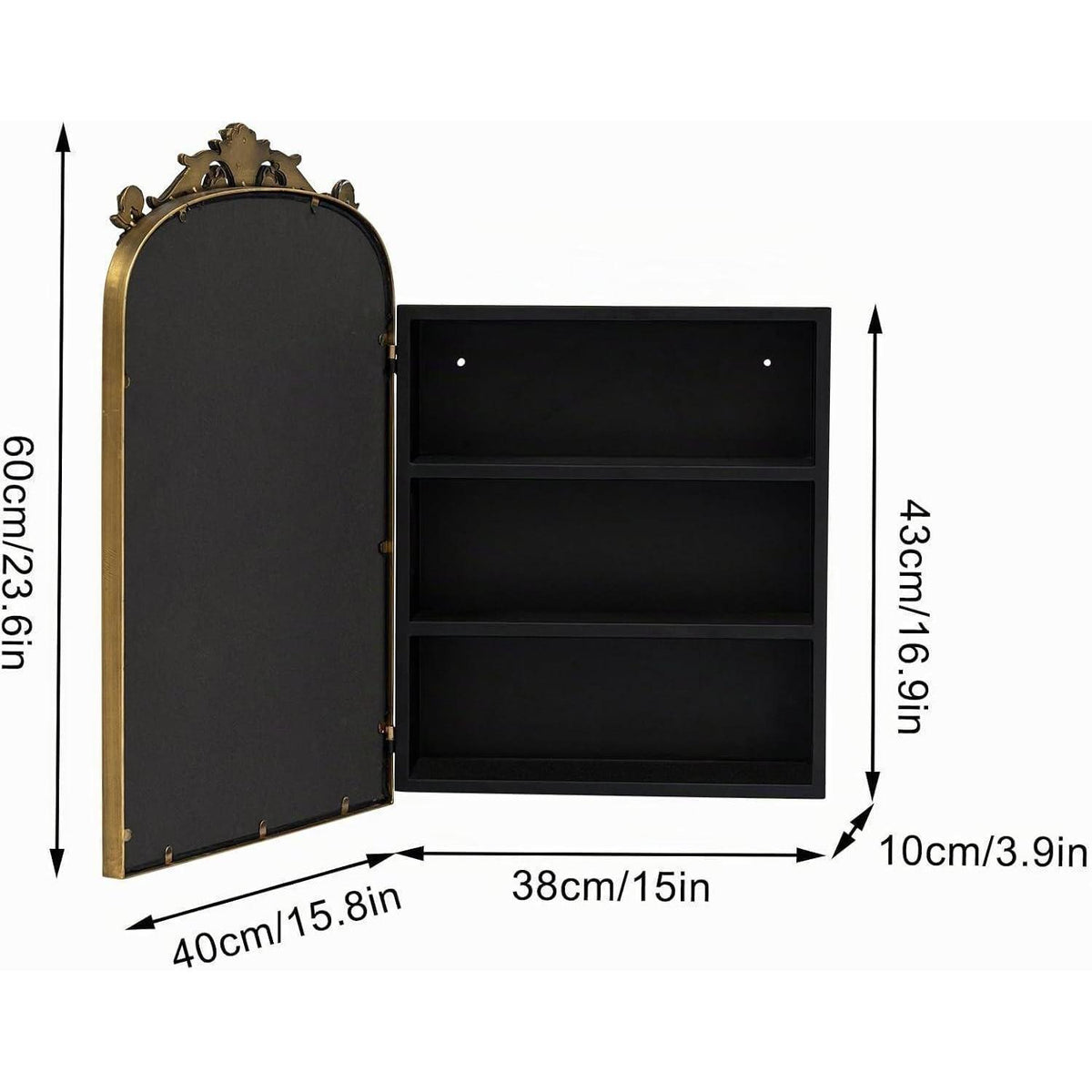 40x60cm Spiegelschrank Bad mit Stauraum & Resin-Blumen, Antik Gold