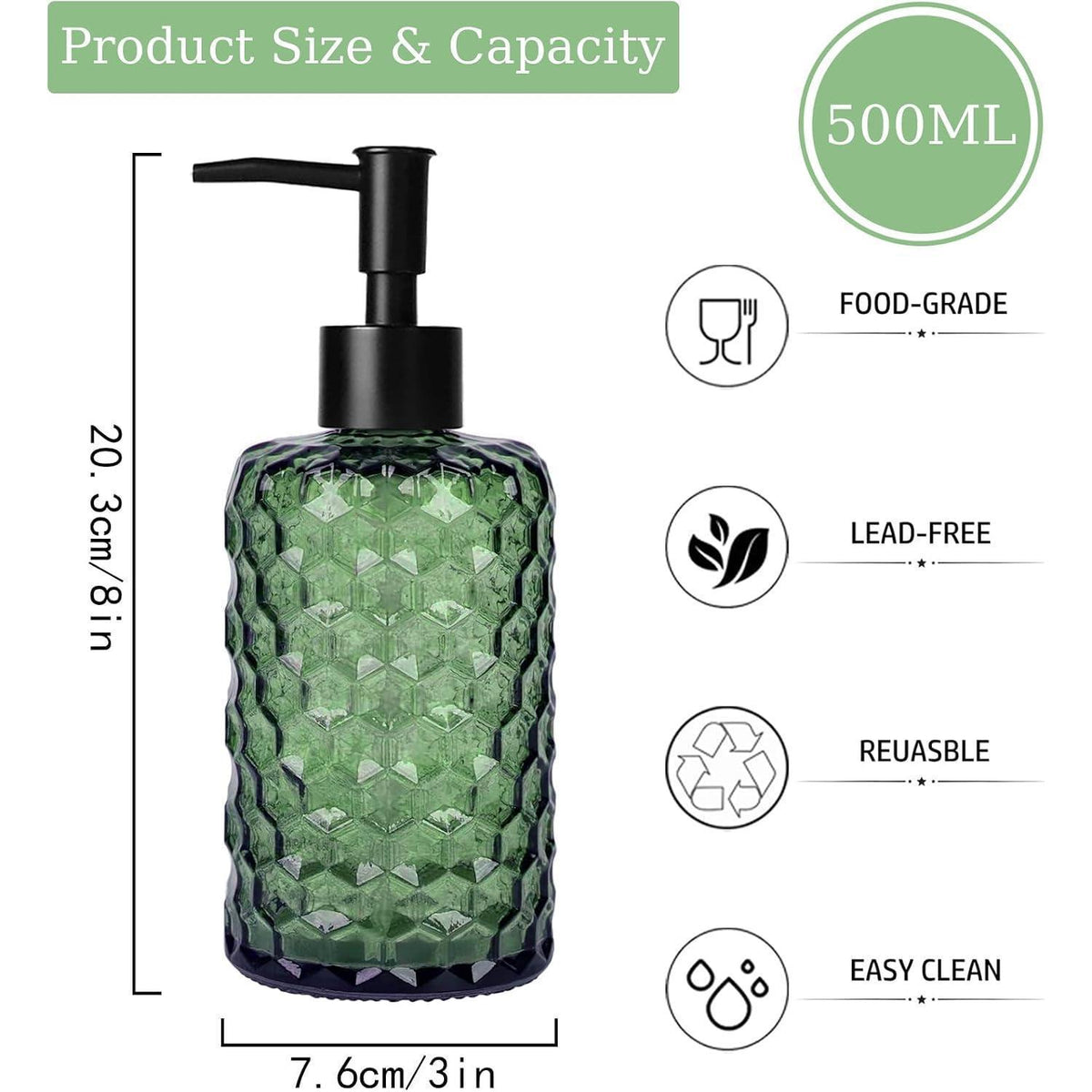 Glas Seifenspender 500ml Wabendesign – Grün mit Trichter