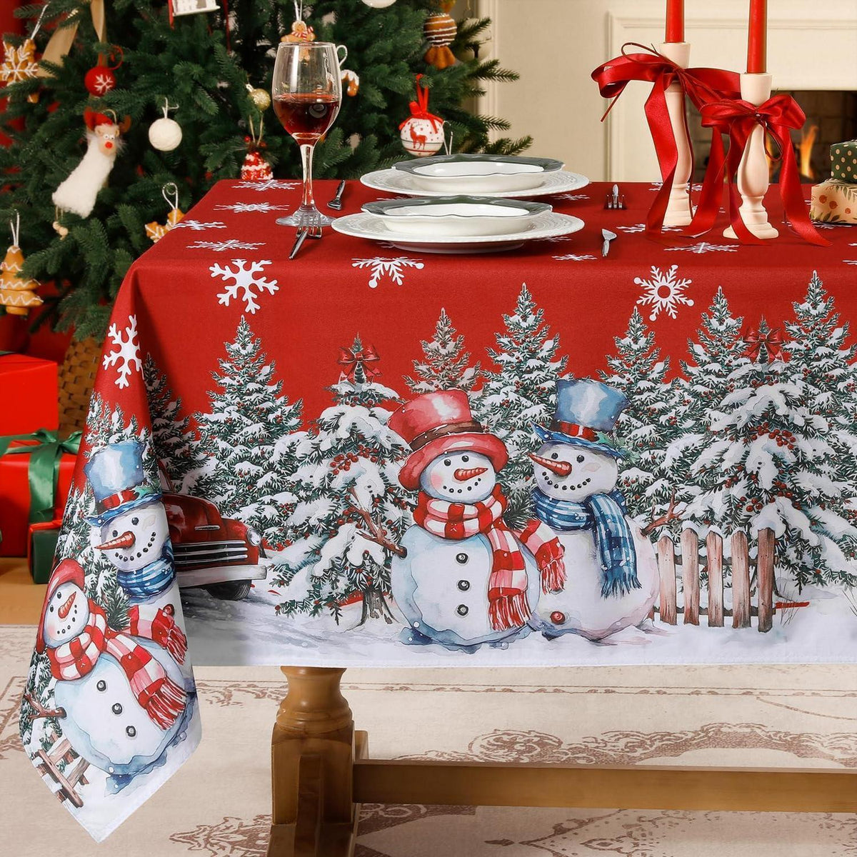 Weihnachts Tischdecke rot 140x180 cm - Weihnachtsdeko mit Schneemann