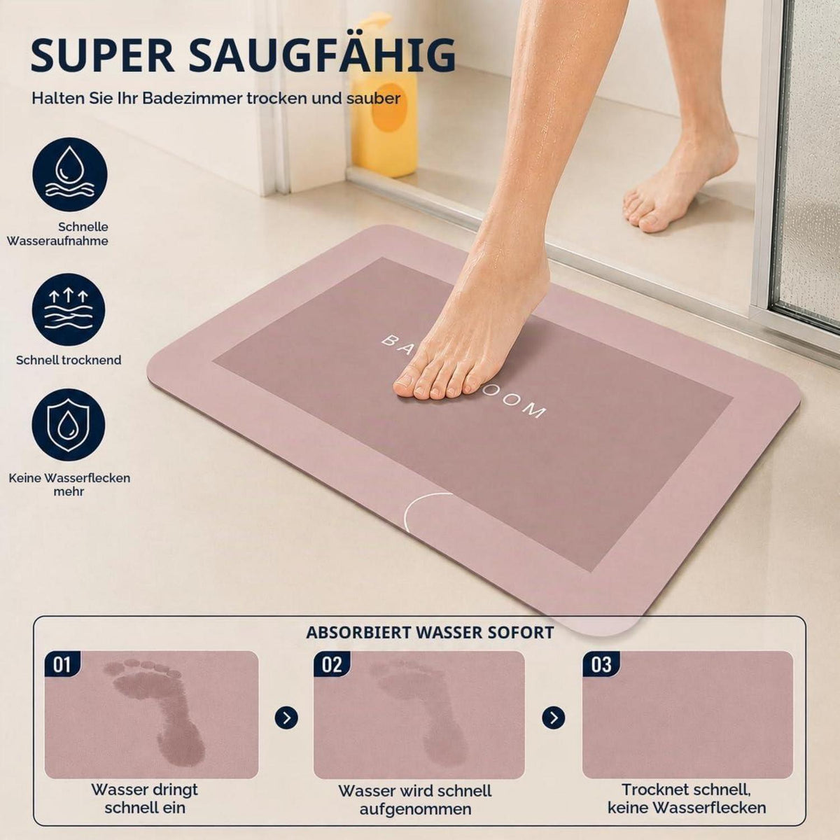 Rutschfeste Badematte Rosa – Saugfähig & Trocknend 50x80cm