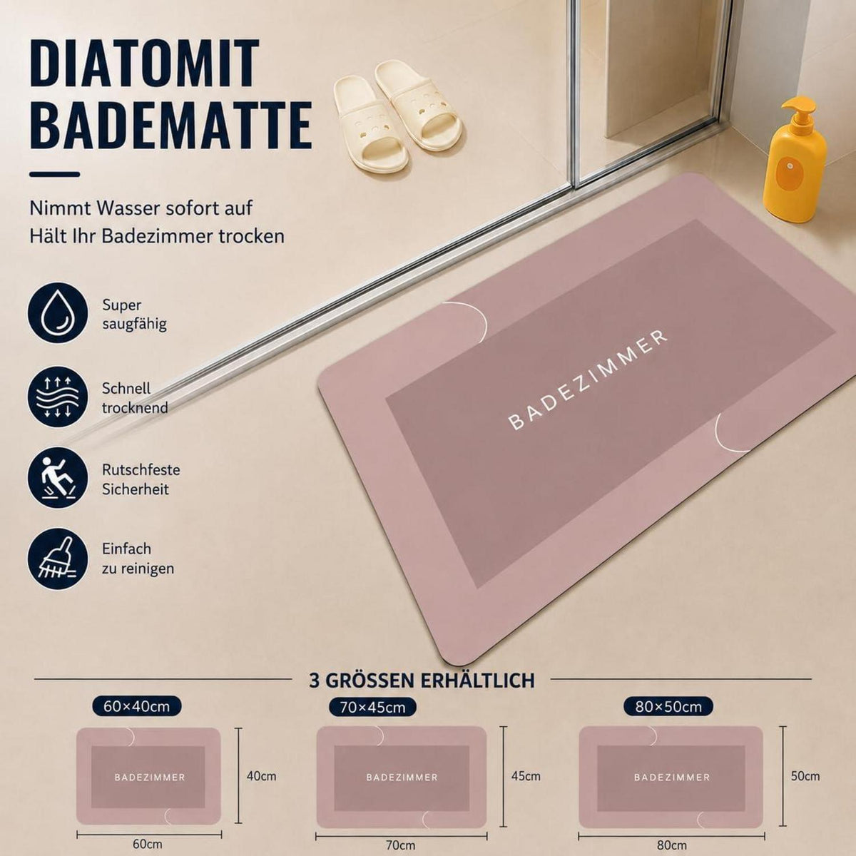 Rutschfeste Badematte Rosa – Saugfähig & Trocknend 50x80cm