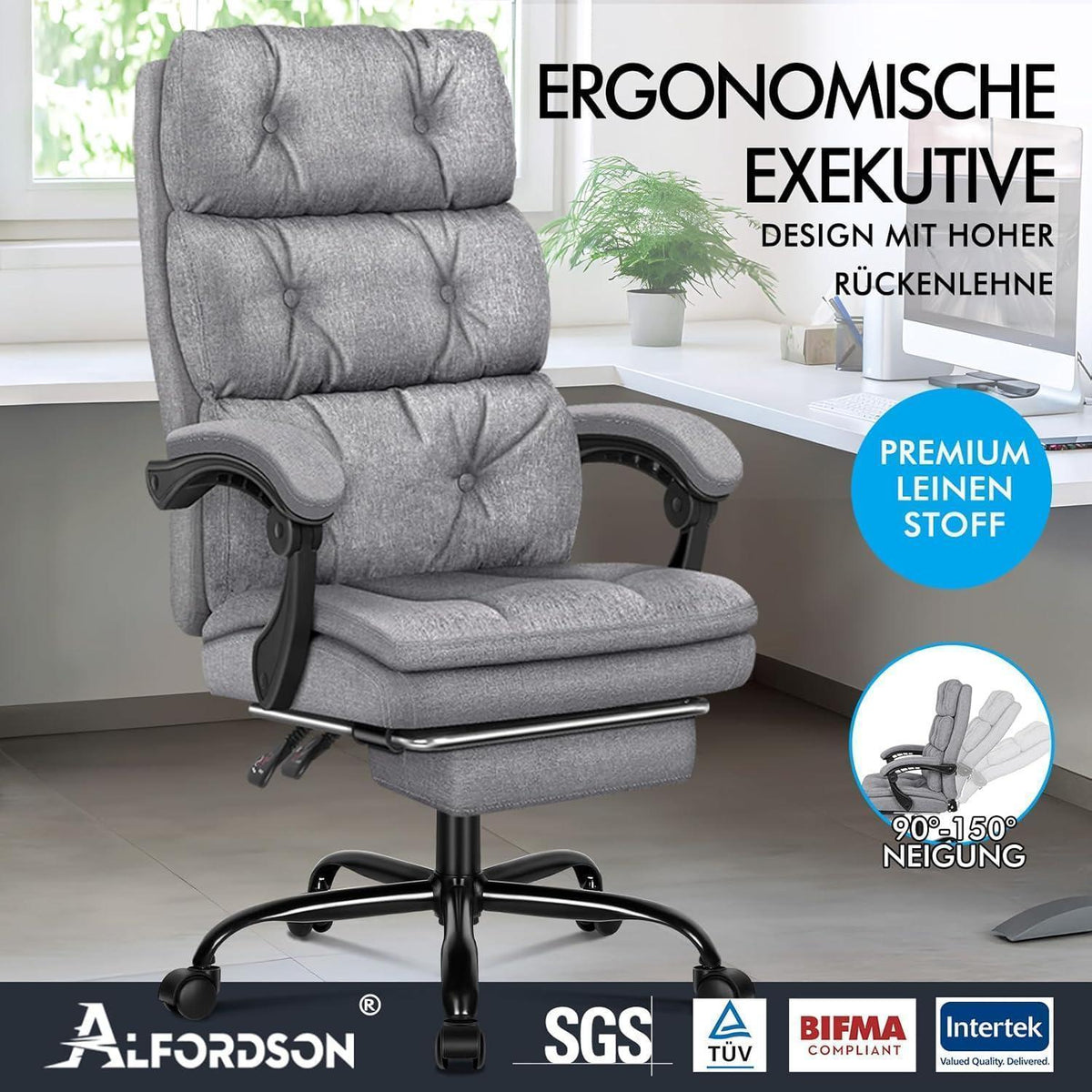 Ergonomischer Bürostuhl mit Fußstütze, Grau Leinen