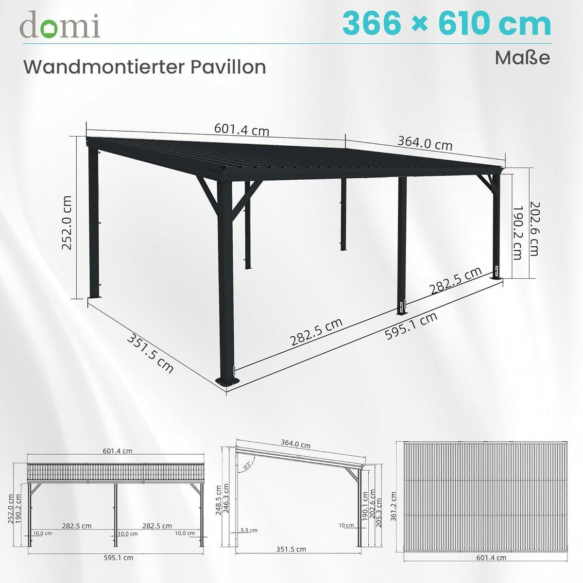 Wandmontierter Pavillon 3,6x6,1m – Terrassenüberdachung Grau