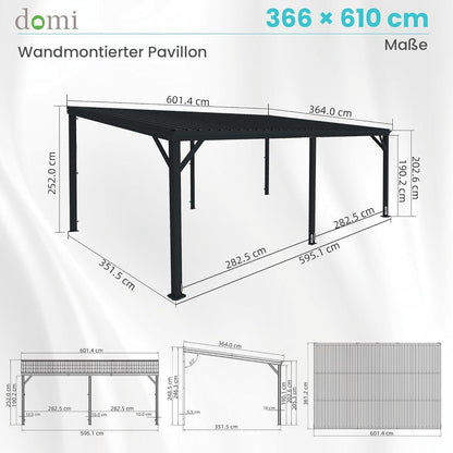 Wandmontierter Pavillon 3,6x6,1m – Terrassenüberdachung Grau