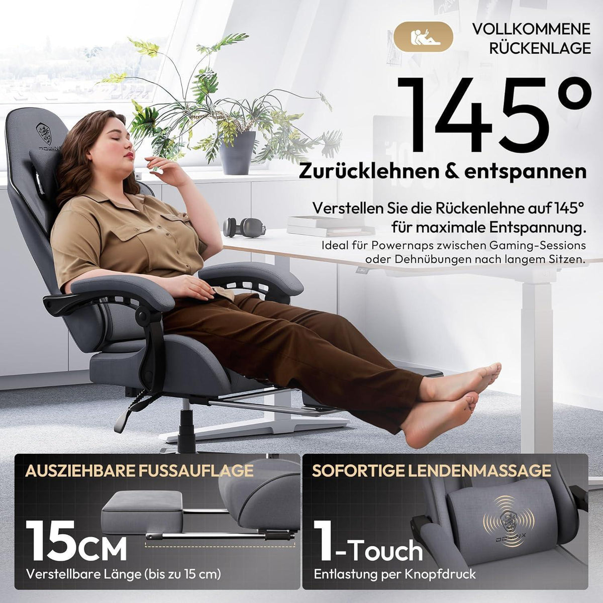 Ergonomischer Gaming-Stuhl mit Fußstütze und Netzgewebe (Grau Übergröße)