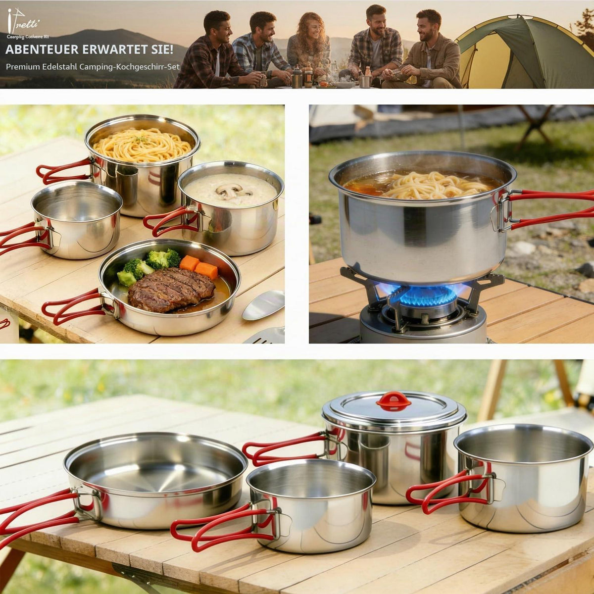 11-teiliges Camping Kochset Edelstahl – Topf, Pfanne & Zubehör
