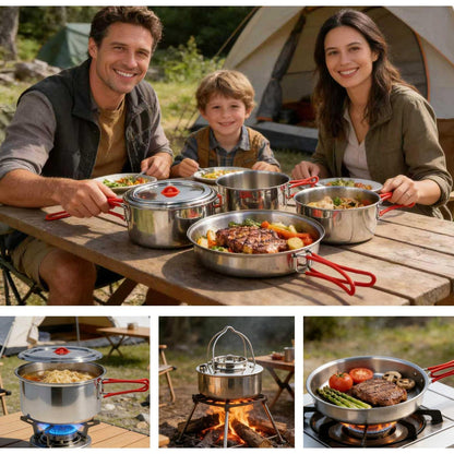 11-teiliges Camping Kochset Edelstahl – Topf, Pfanne & Zubehör