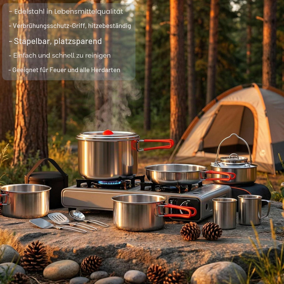 11-teiliges Camping Kochset Edelstahl – Topf, Pfanne & Zubehör