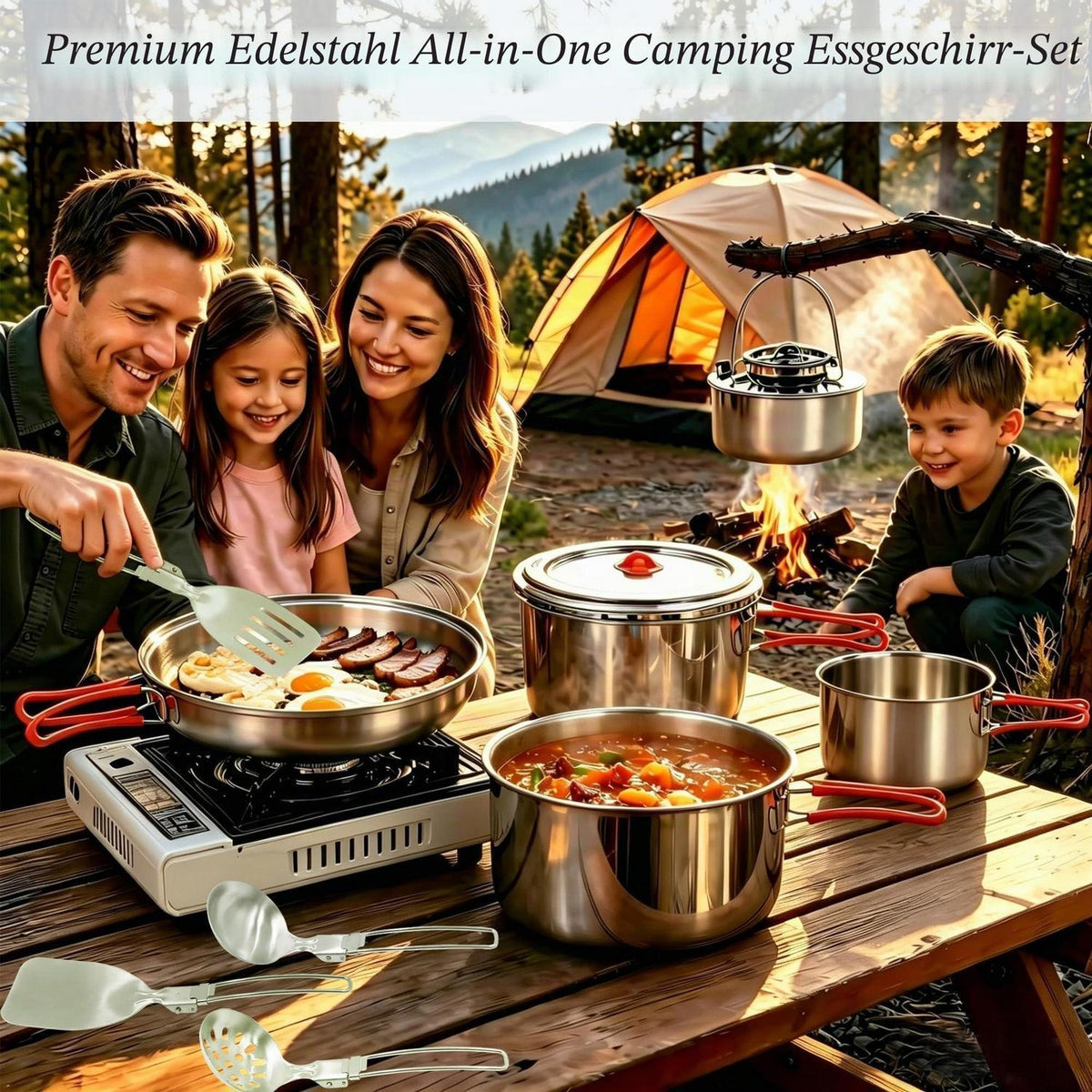 11-teiliges Camping Kochset Edelstahl – Topf, Pfanne & Zubehör