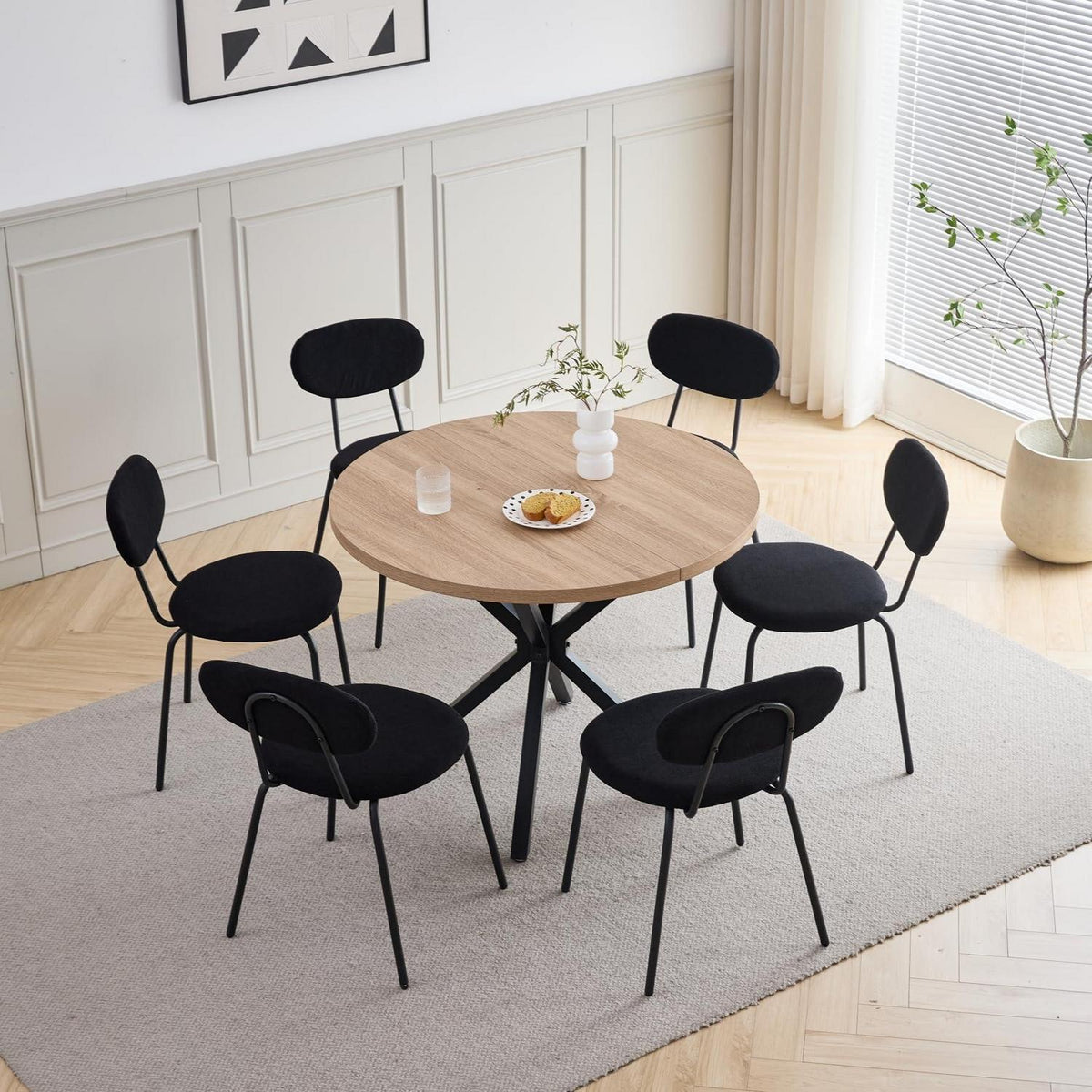 Runder Esstisch Set 100cm Holz + 6 Stapelbare Stühle