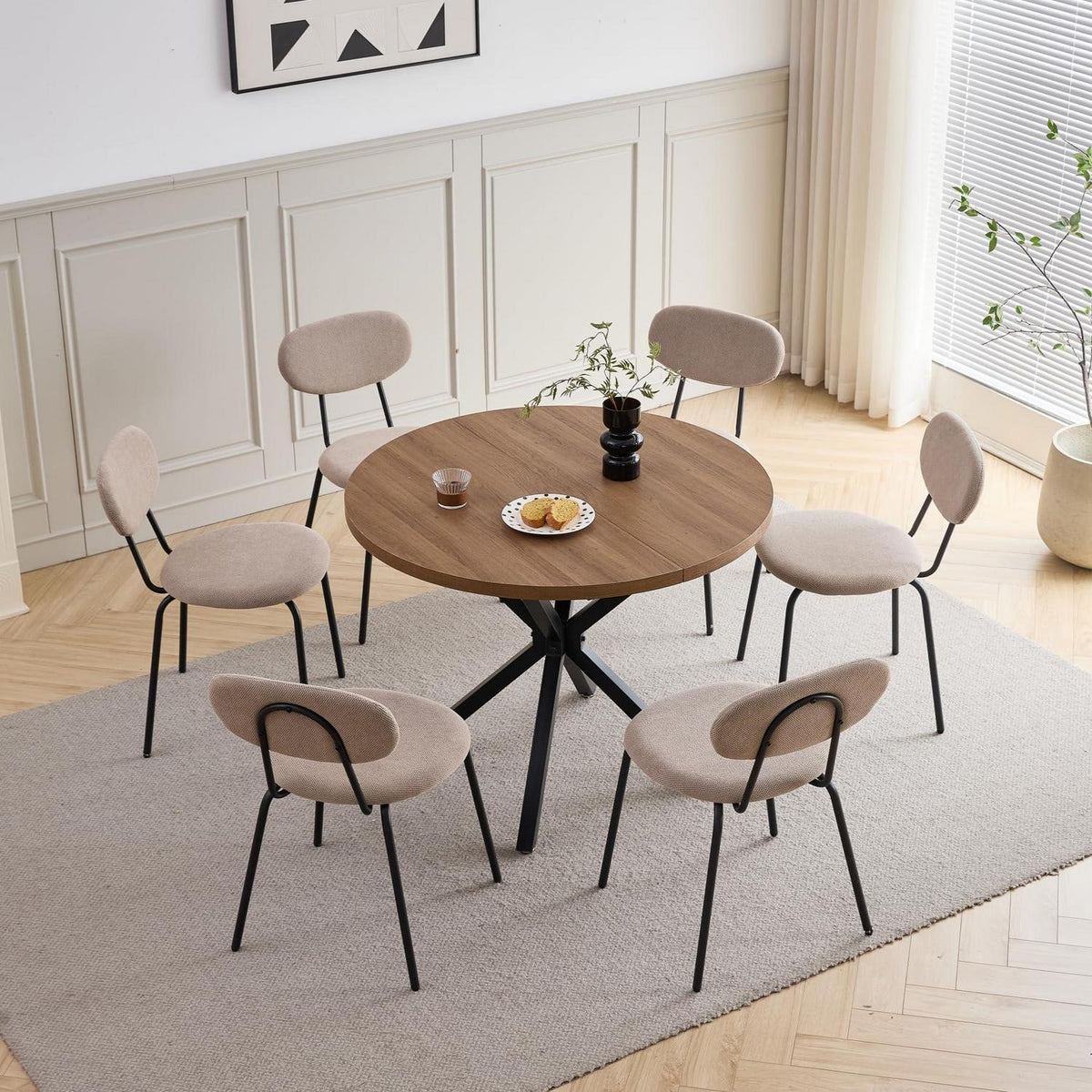 Runder Esstisch Set (100cm) mit 6 Stapelstühlen Dunkel/Khaki