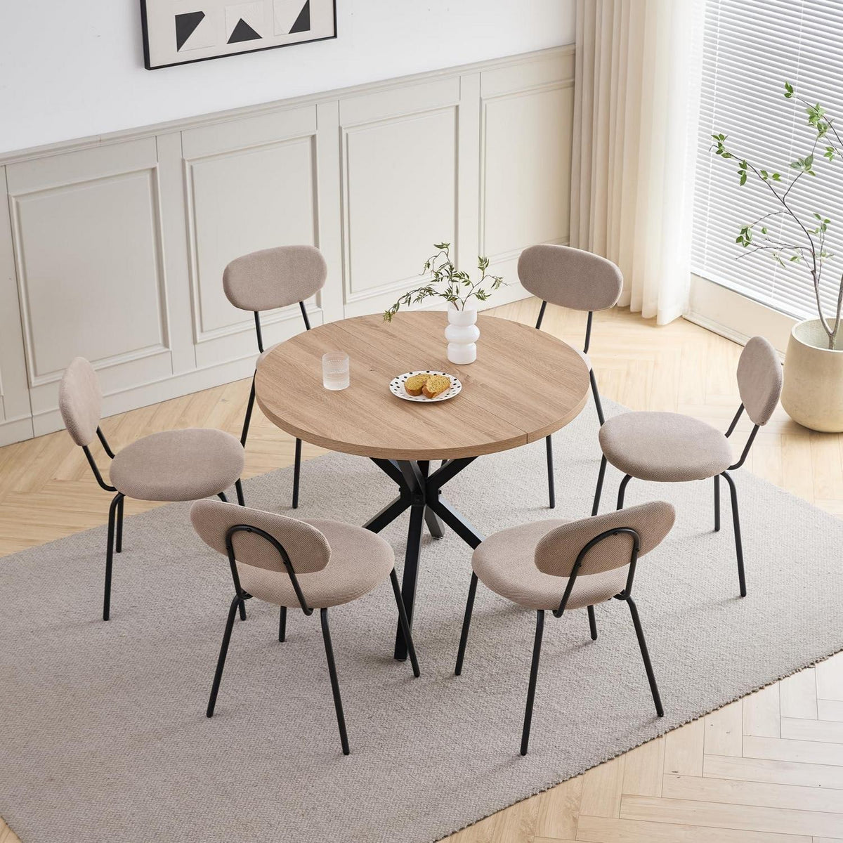 Runder Esstisch Set 100cm Holz + 6 Stapelbare Stühle Hell/Khaki