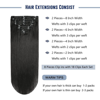 Echthaar Verlängerung Clip In – Tiefschwarz Remy Haar 55cm