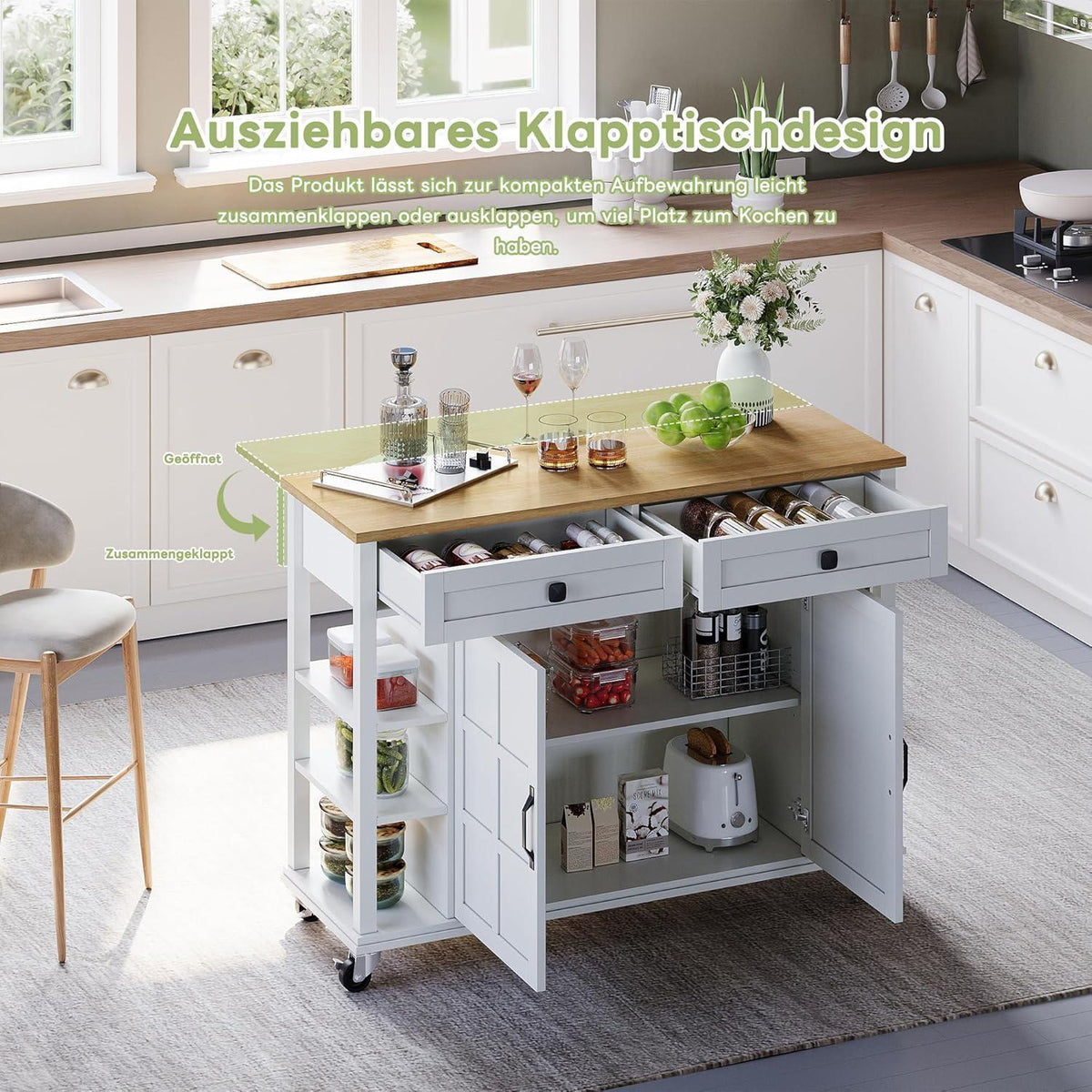 Klappbarer Küchenwagen mit Arbeitsplatte & Stauraum (Weiß)