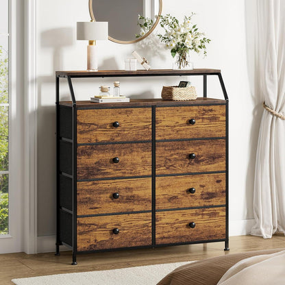 Kommode 8 Schubladen Vintagebraun mit Regal & Holzplatten