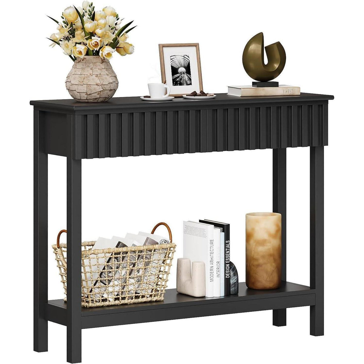 Schmaler Konsolentisch mit 2 Schubladen – Moderner Fluted-Tisch Schwarz