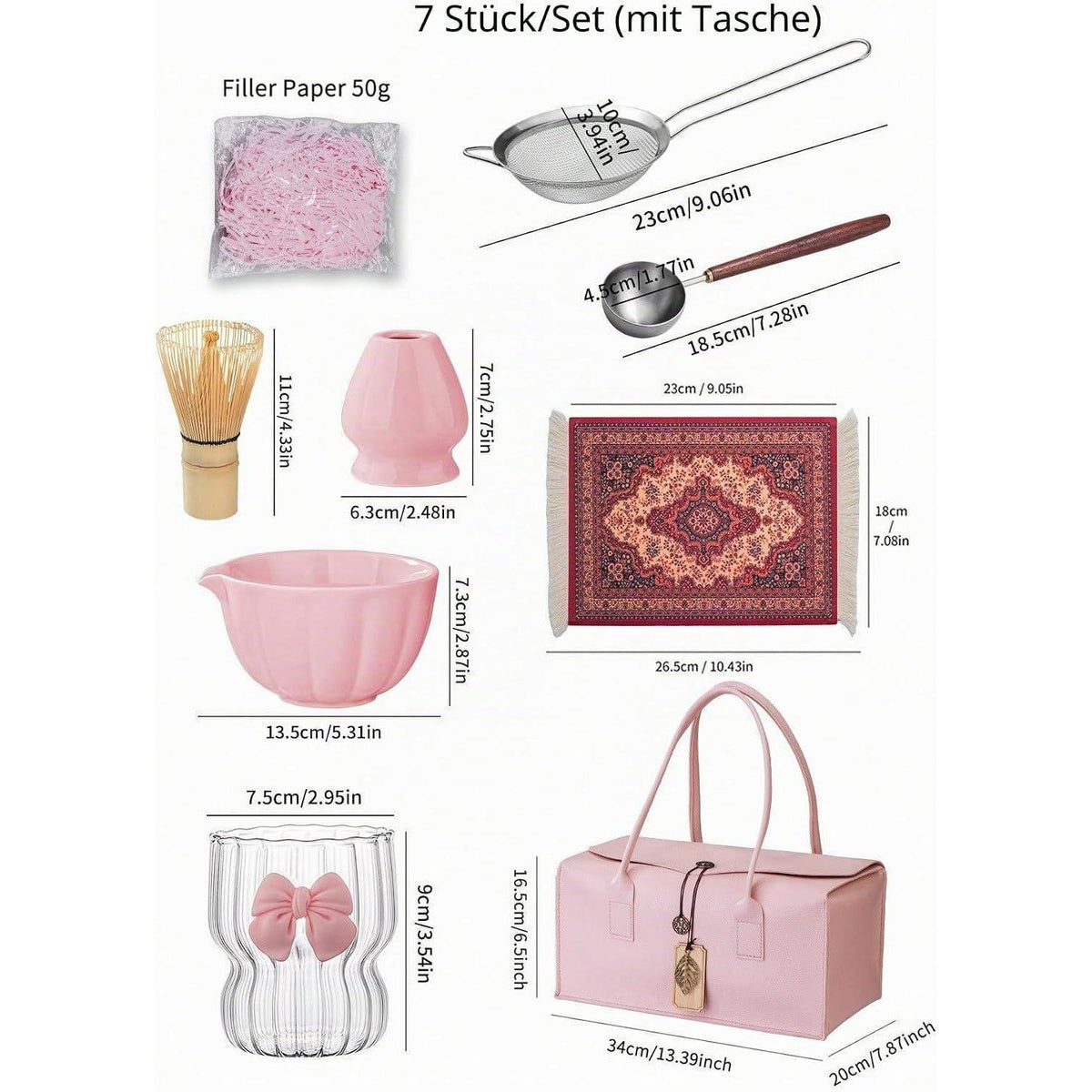 Matcha Set Premium 7-teilig mit Bambus Schneebesen & Rosa Etui