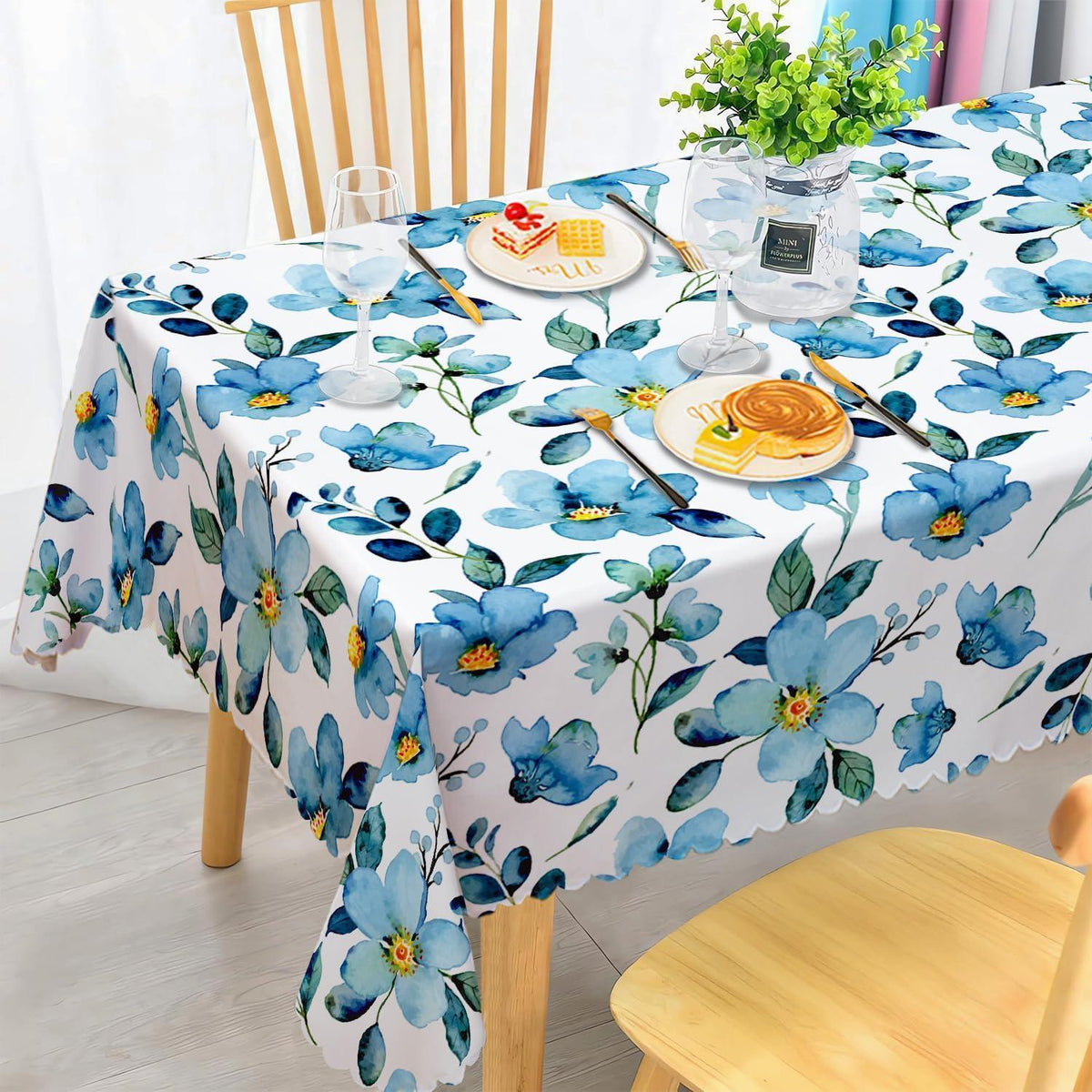 Abwaschbare Tischdecke Blau Blumendruck Rechteckig 140x180 cm