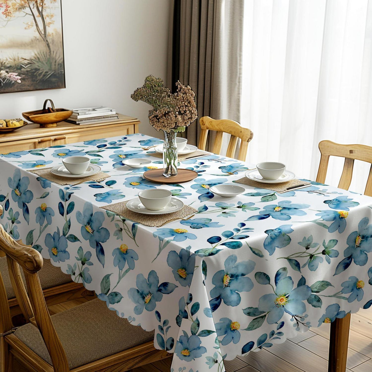 Abwaschbare Tischdecke Blau Blumendruck Rechteckig 140x180 cm