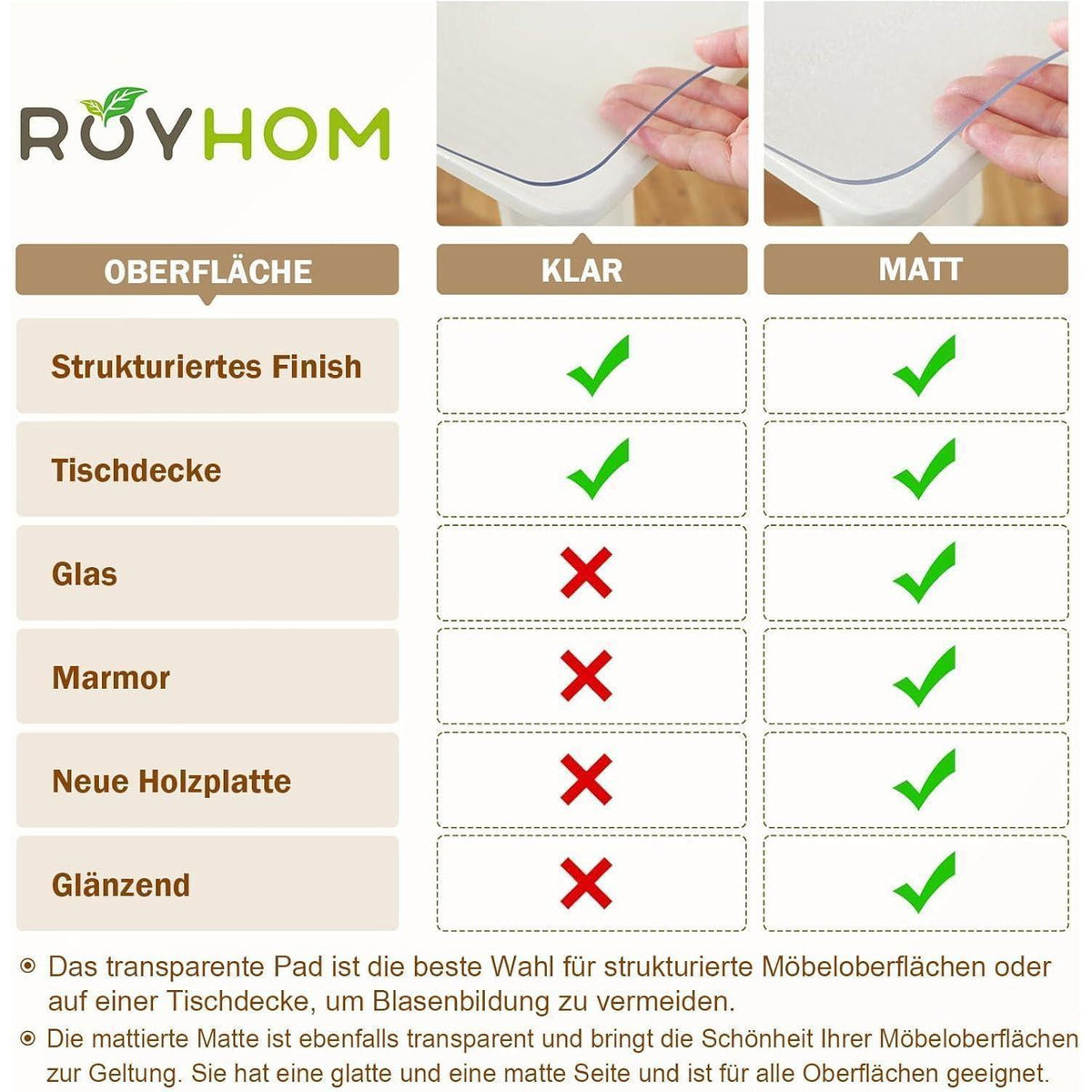 Royhom Tischfolie Transparent 100x240 cm – Mattiert & Blasenfrei
