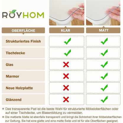 Royhom Tischfolie Transparent 100x240 cm – Mattiert & Blasenfrei