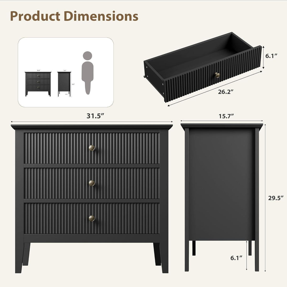 Schwarze Kommode mit 3 Schubladen – 80cm breit, modern & geriffelt