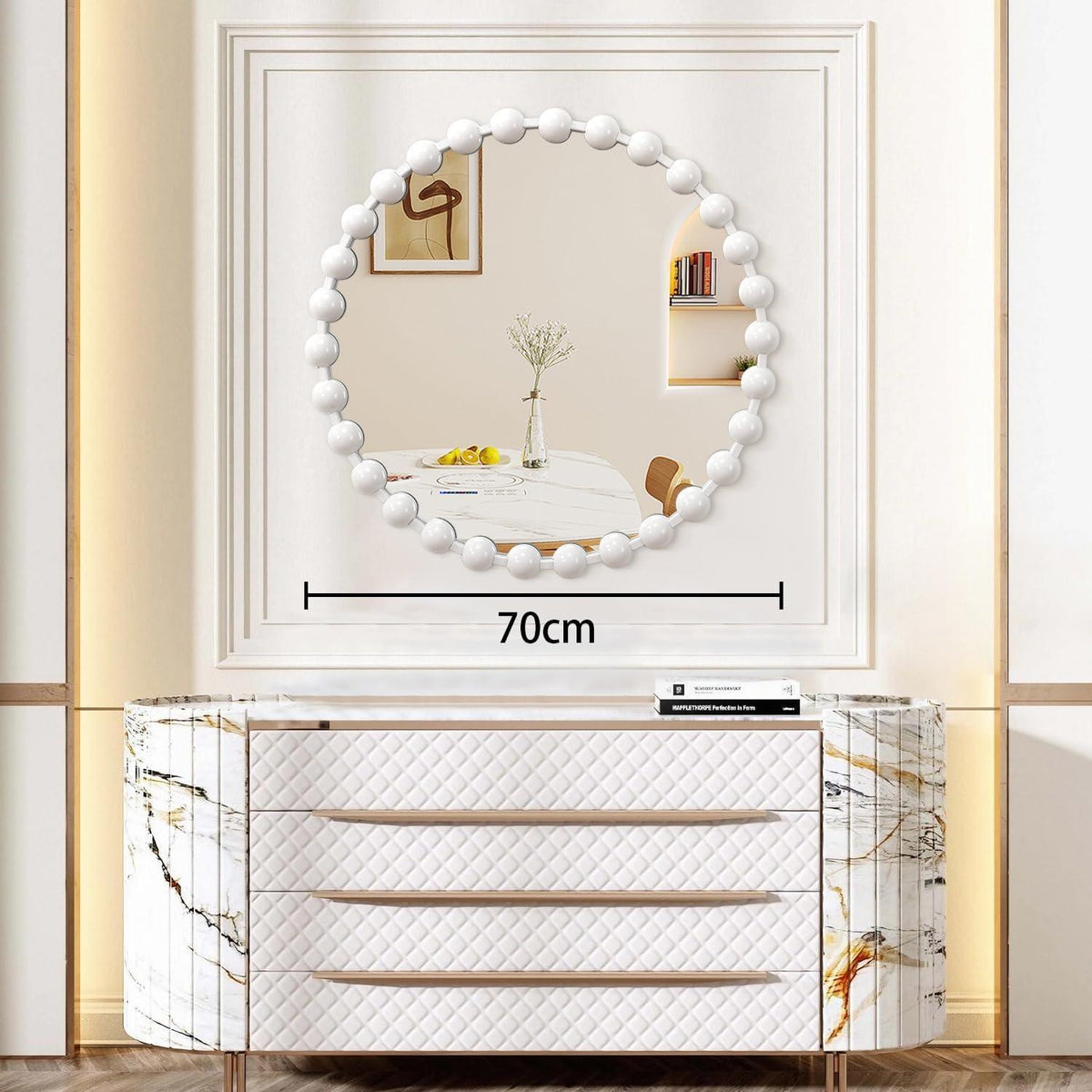 Runder Wandspiegel 70cm mit Perlenrahmen – Dekorativ & Elegant