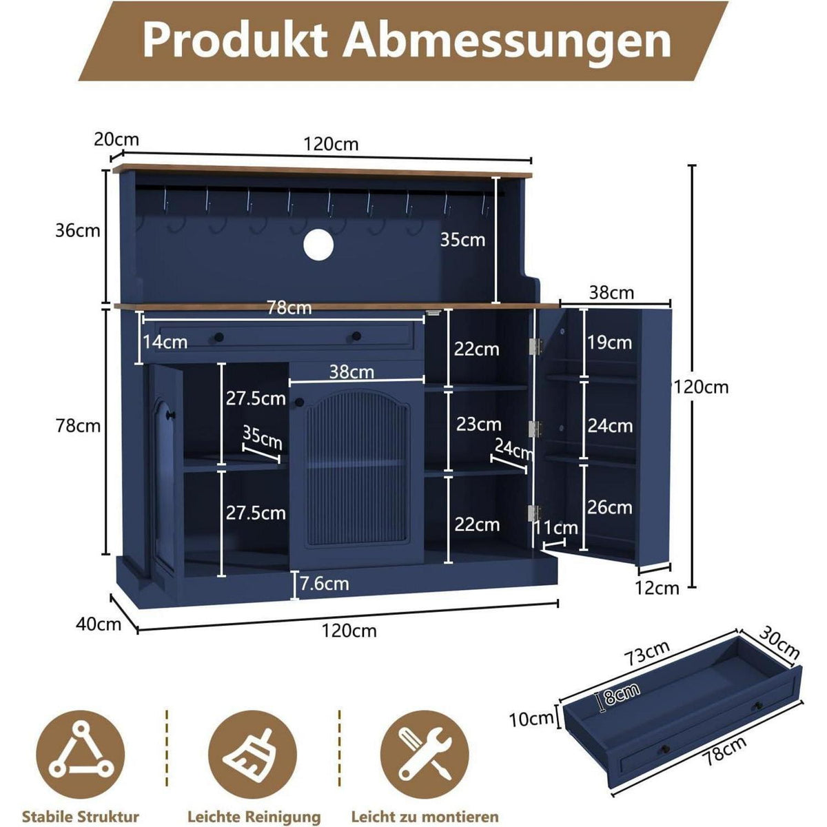 Blauer Küchenschrank mit Arbeitsplatte & Schublade