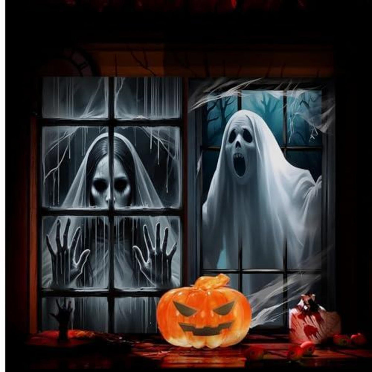 2x Halloween Fensterbilder Gruselig & Horror Deko 120x80cm