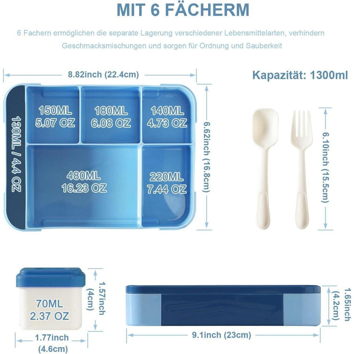 Brotdose Kinder mit Fächern – 1300ml, Auslaufsicher & BPA-frei