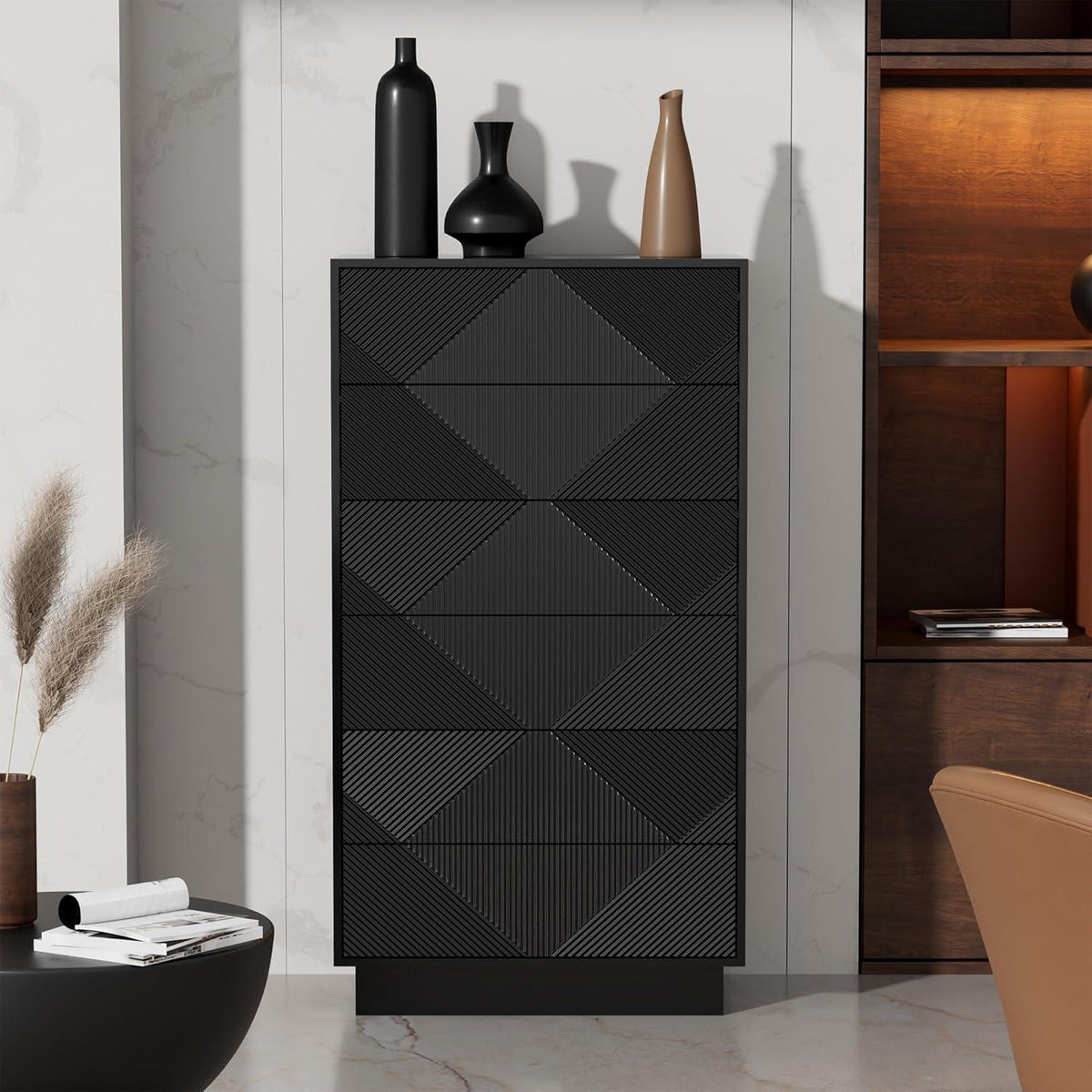 Schmale Kommode mit 6 Schubladen | Schwarz | Wohnzimmer, Schlafzimmer