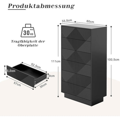 Schmale Kommode mit 6 Schubladen | Schwarz | Wohnzimmer, Schlafzimmer