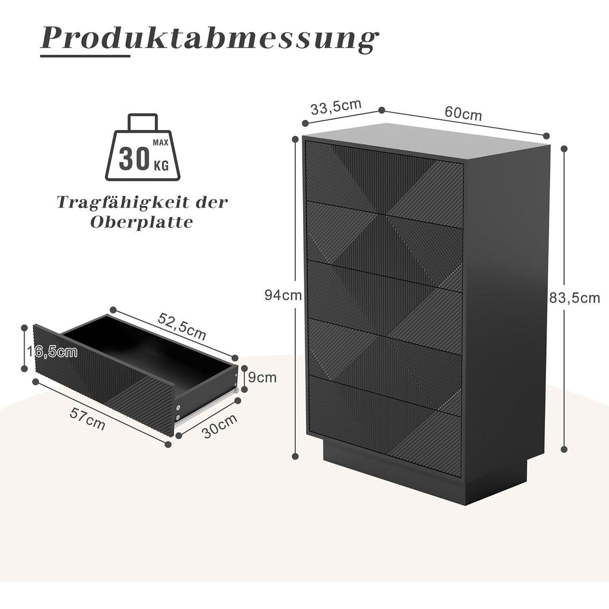 Schmale Kommode mit 5 Schubladen | Schwarz | Wohnzimmer Schlafzimmer