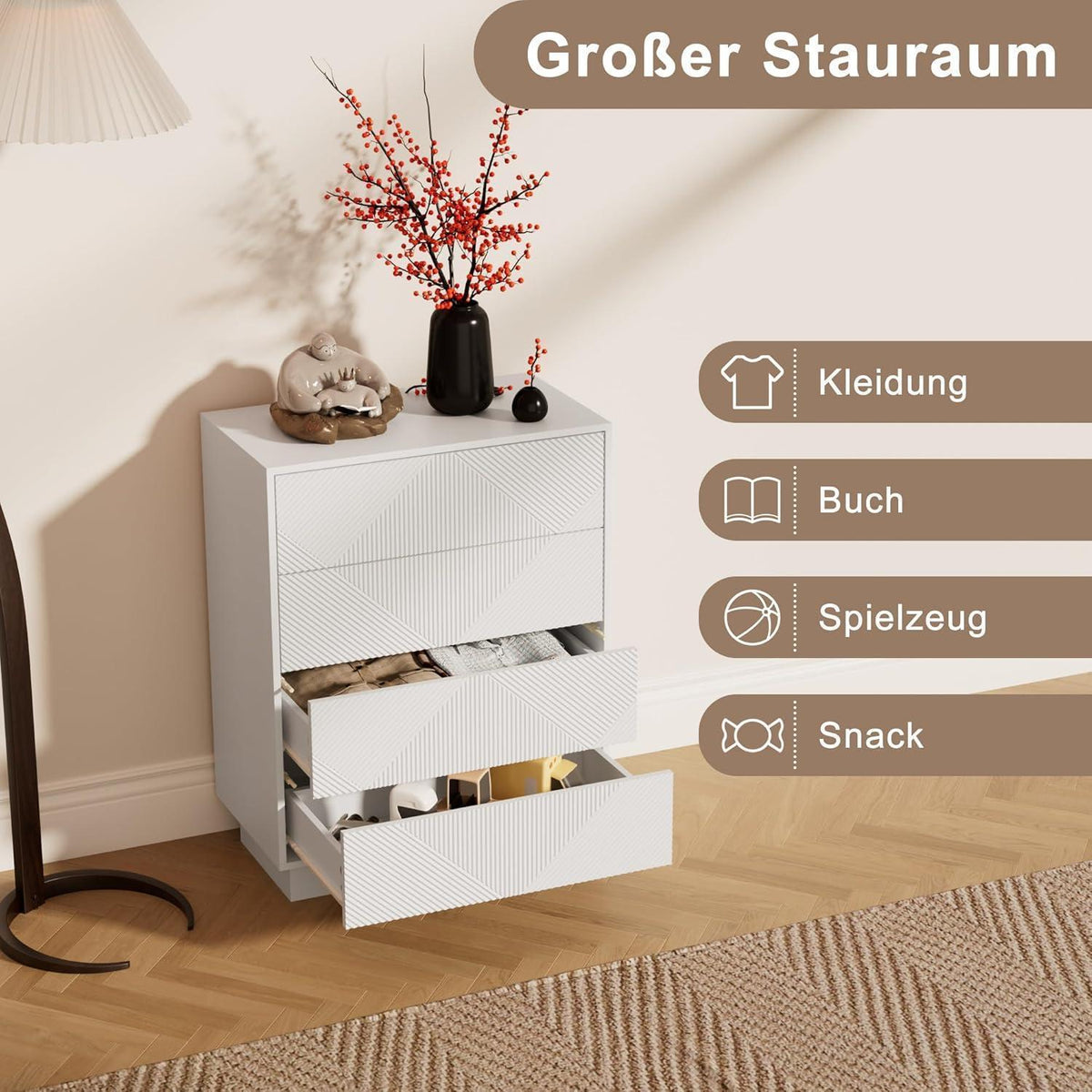 Moderne Kommode mit 4 Schubladen – Weiß, 60x33,5x77,5 cm