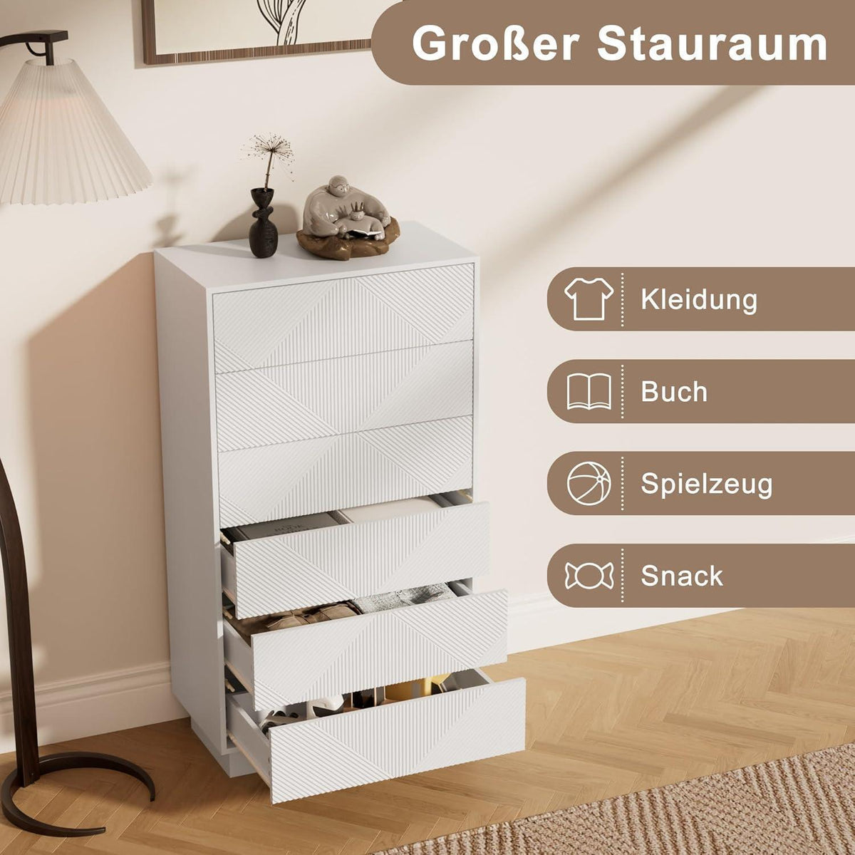 Kommode mit 6 Schubladen | Weiß | Schmaler Mehrzweckschrank