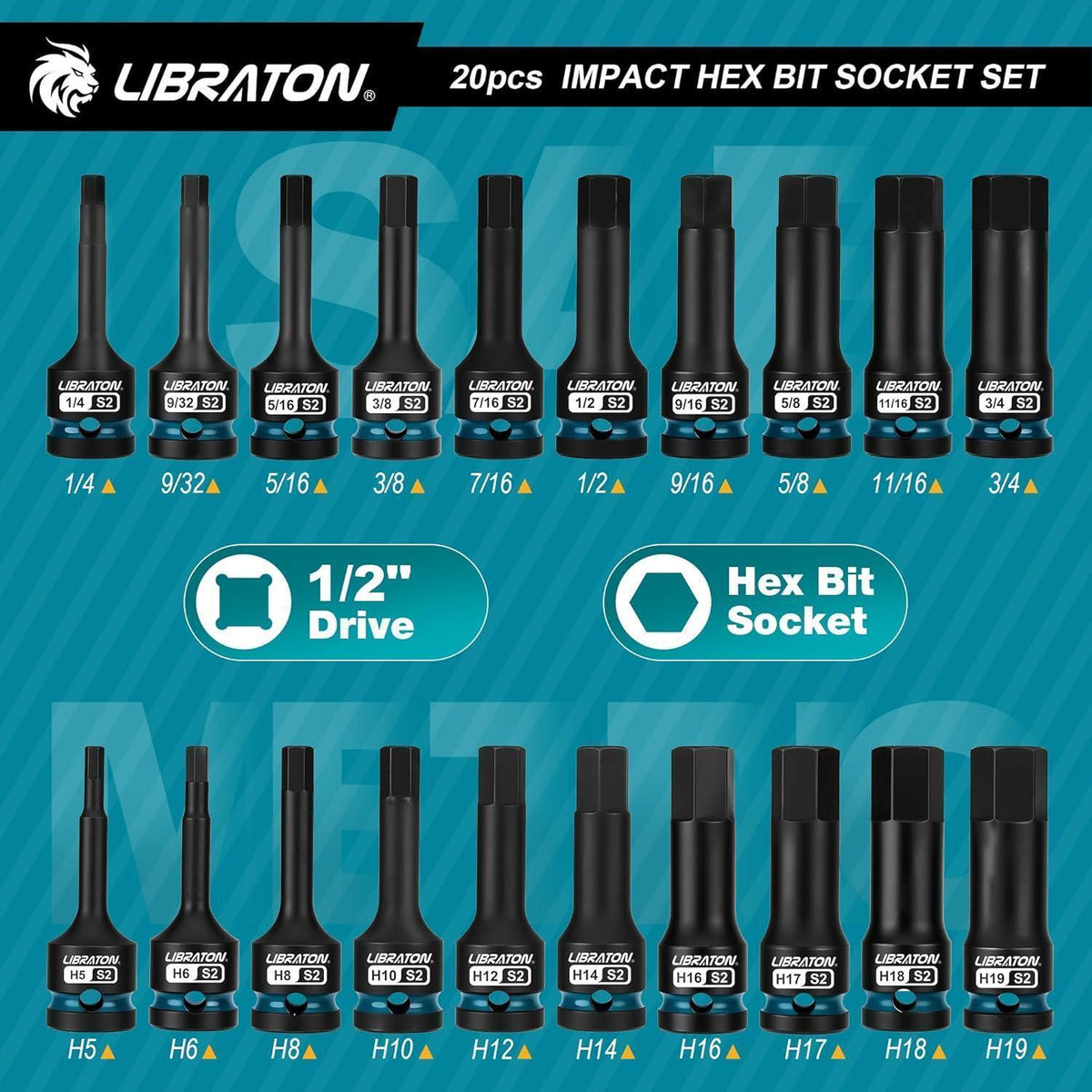Schlag-Sechskant-Bit-Steckschlüssel-Set 20-tlg. S2-Stahl 1/2" Antrieb